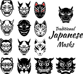 Traditional Japanese Masks Vector Illustration Set