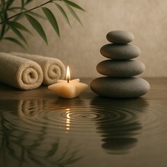 Zen spa stones on rippling water at dawn