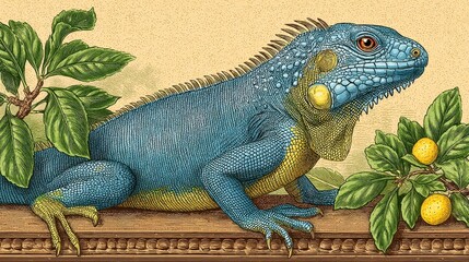 Detailed Blue Iguana Illustration with Citrus Fruits and Green Leaves