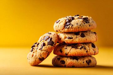 Chocolate chip cookies tempt in an industrial corner, pastel yellow, soft daylight, clean style
