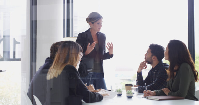 Fototapeta Business, woman and talk in meeting in office for briefing, planning and finance feedback. Manager, people and team brainstorming with ideas, investment proposal and collaboration for budget solution
