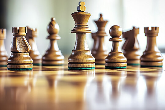 A dynamic close-up shot of a chess game in progress, with a group of chess pieces prominently positioned on a polished wooden chess board.