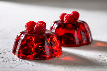 Jello tempts in a rustic corner, white backdrop, studio glow, clean food photography style