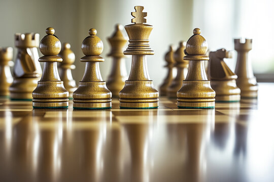 A dynamic close-up shot of a chess game in progress, with a group of chess pieces prominently positioned on a polished wooden chess board. The image captures the texture of the pieces.