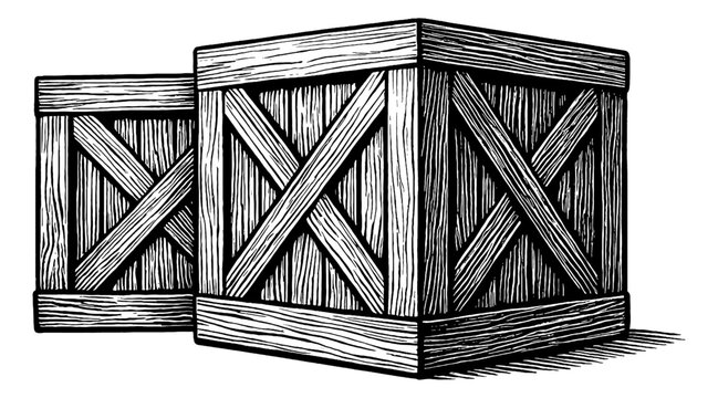 Two wooden crates or boxes, isolated on white background in detailed monochrome illustration