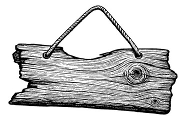 Wood Sign Hanging with Rope Detailed Black and White Engraving Line Art, Wooden Plank