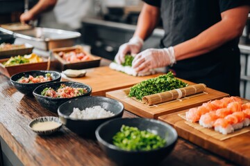Obraz premium Chef Prepares Fresh Sushi Ingredients in Modern Kitchen Setup