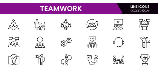 Collaborative vector web line icons illustrating teamwork, unity, cooperation, group dynamics, and collective success in professional settings.