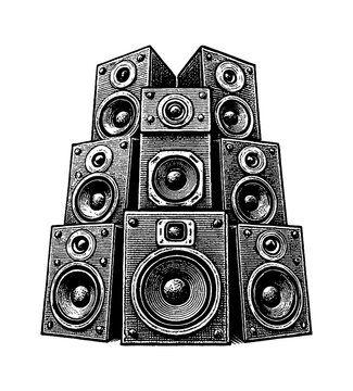 Stack of Loud Speakers Music System in Black and White Detailed Engraving Style