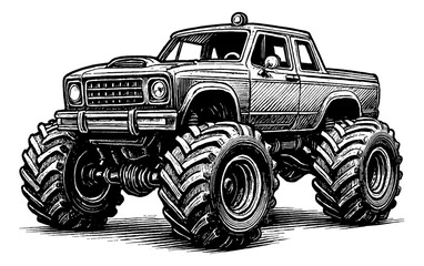 Monster Truck Illustration with Oversized Tires in Black and White Engraved Style