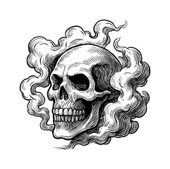 Detailed engraving of a skull surrounded by swirling smoke on white background