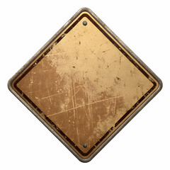 aged yellow diamond traffic sign with chipped paint and rusted edges isolated on white background