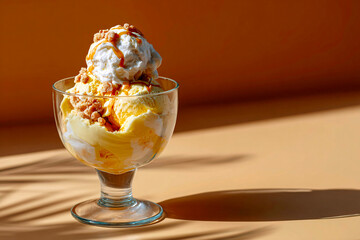In golden hour light, industrial ice cream sundae on cream background, clean food photography style