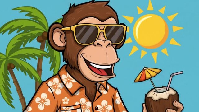 Cartoon monkey drinks coconut