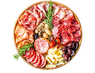 Italian charcuterie board with rosemary and olives isolated on transparent PNG