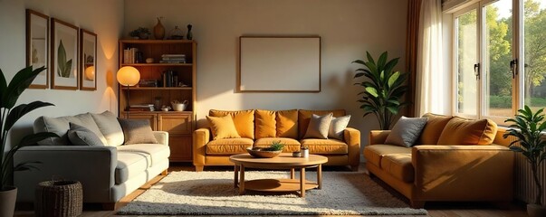 Cozy family room interior with comfortable seating, warm lighting, and inviting decor, perfect for relaxation and quality time , home decor, plants, cozy