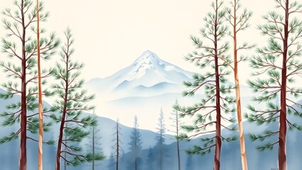 Watercolor Mountain and Pines &ndash; Peaceful Nature Landscape