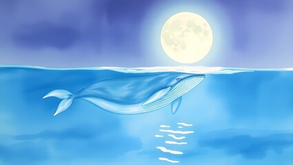 Watercolor Whale at Night &ndash; Dreamy Ocean Scene