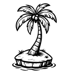 Island with a Single Palm Tree, Black and White Vector Illustration in Cartoon Style