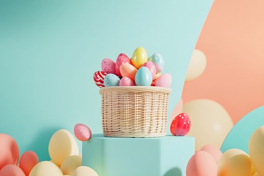 A vibrant still-life captures the joy of Easter with a woven basket overflowing with colorful eggs and candies. set against a pastel backdrop.
