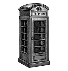 Detailed Engraved Illustration of a Classic British Telephone Booth on White Background