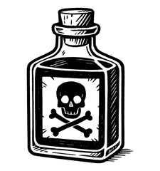 Illustration of a Poison Bottle with Skull and Crossbones Symbol in Black and White