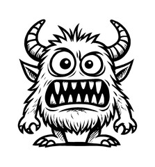 Angry Monster Cartoon Character with Horns and Sharp Teeth Black and White Illustration