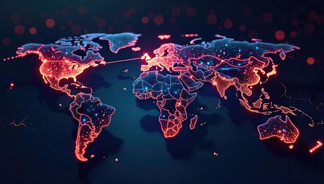 Global network connection visualized as glowing nodes and lines connecting across a world map, illustrating international communication and data flow ,  worldwide communication,  global network
