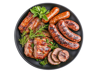Grilled meat platter with sausages and herbs isolated on transparent PNG