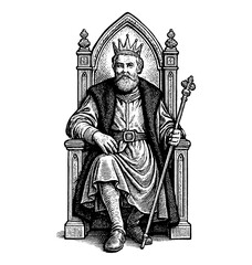 Fototapeta premium King Sitting on Throne Holding Scepter in Engraving Detailed Black and White Art