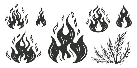 Fire icon collection. Fire flame symbol. Bonfire silhouette logotype. Flames symbols set flat style - stock vector.
