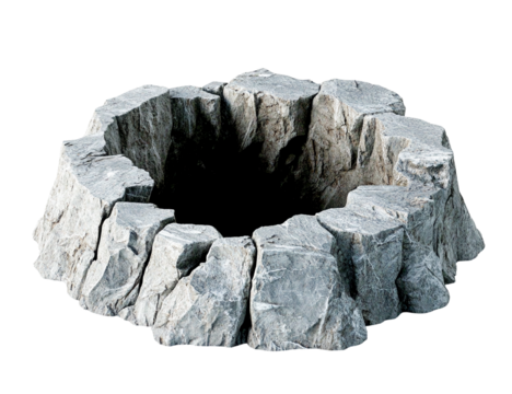 Circular stone formation rock crater gray stone hole in rocks natural stone rough texture isolated on transparent PNG