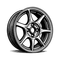 Obraz premium Detailed Engraved Style Illustration of a Car Wheel with Five Spokes in Black and White