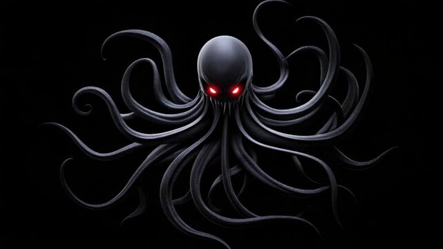 Dark mythical creature with glowing red eyes and long tentacles emerging from shadows