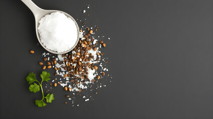 Salt, pepper and parsley on black background. Top view with copy space