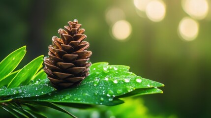 Dewy leaf holding a fresh pine cone with soft bokeh forest tones, symbolizing renewal in nature