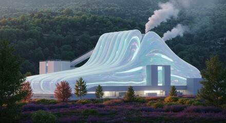 Futuristic energy plant with a flowing iridescent structure design innovation