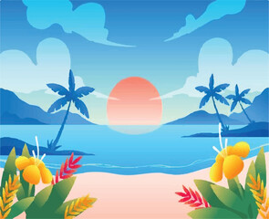 Simple Summer Illustration Background – Free Vector Pack - Gradient Summer Background with Palm Silhouette – Free Use - Free Vector of Summer Pool Party Background with Floaties