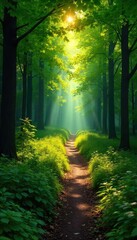 Fototapeta premium Sun-dappled forest path winds through lush green woods, sunlight filtering through leaves, creating a magical atmosphere Perfect for nature, tranquility, and environmental themes , ecology, spring