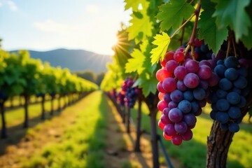Fototapeta premium Sun-drenched rows of pinot noir grapes ripening on the vine at a picturesque winery, ready for harvest Lush green foliage, rolling hills, and a tranquil atmosphere , countryside, australia