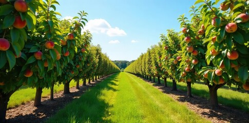 Sun-drenched orchard brimming with ripe, juicy peaches ready for harvest Rows of laden peach trees stretch into the distance under a clear blue sky , nature, food