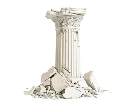 Ancient greek column ruin debris pile isolated on transparent PNG