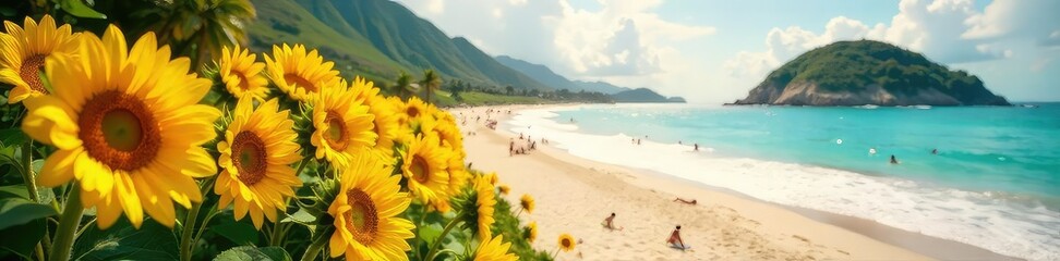 Obraz premium Vibrant summer scene depicting a funnel-shaped formation of bright yellow sunflowers leading down to a sun-drenched beach Perfect for summer, nature, and travel themes , sand, day, natural