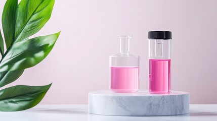 Elegant lab setup with pink solution in clear dish on pale, seamless background