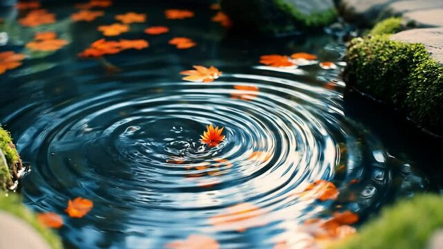 A vivid orange leaf floats on rippling water near a siphoning vortex in a hydroponic pond. The soft lighting and dynamic reflections create a tranquil yet powerful visual of nature and motion.