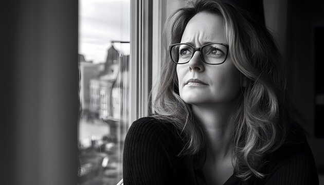A thoughtful woman looks out a window. - Powered by Adobe