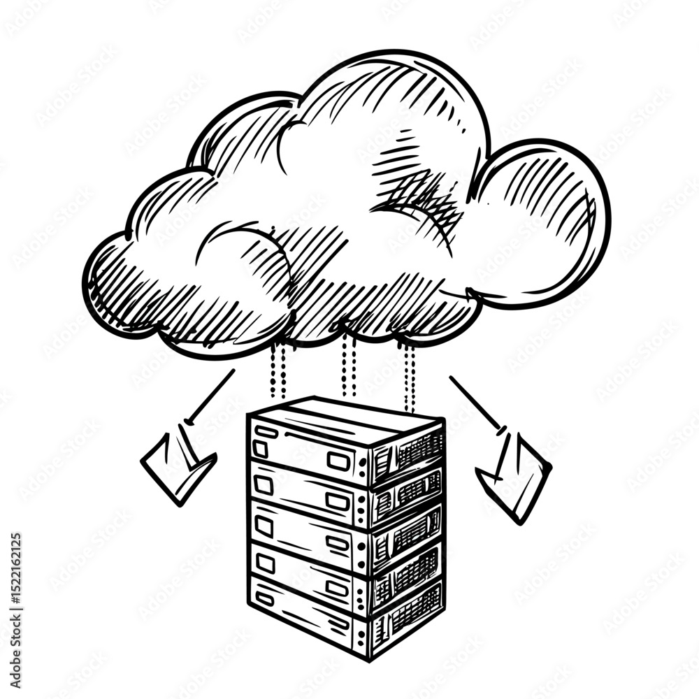 Poster hand drawn sketch cloud computing data server with arrows download upload internet digital storage t