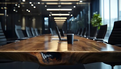 Polished wooden conference table with black chairs in a modern meeting room.