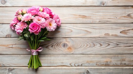 Aerial Drone Shot: Pink Flower Bouquet Rustic Wooden Background - Stunning Floral Photography