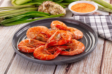 Delicous boiled tiger prawn with sauce